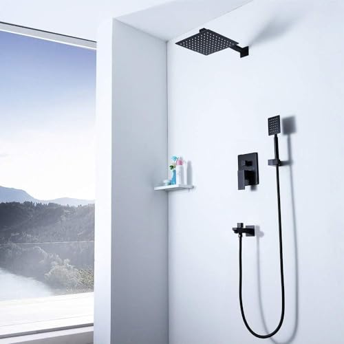 Système de douche encastré noir carré de 25cm avec mitigeur en cuivre à 3 modes