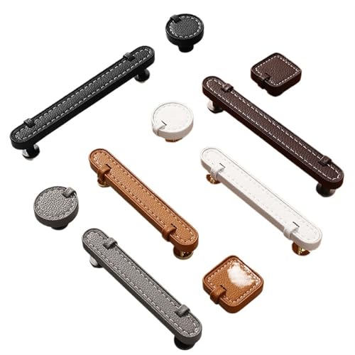 レザーソリッド亜鉛合金家具キャビネットドアハンドル引き出しノブ食器棚ワードローブプル家具ハードウェア2個(カーキラウンド)