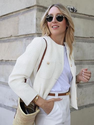 Women's Tweed Blazers Long Sleeve Business Button Down Casual Cropped Blazer Jackets with Pockets4