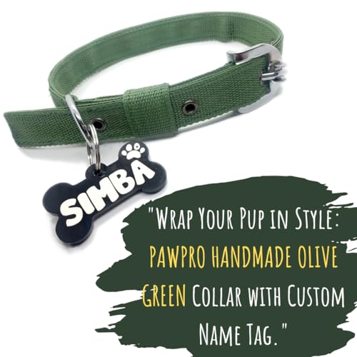 Image of PawPro Personalized Dog Collar with Name Tag, Soft Nylon Pet Collar with Custom Bone Shape ID Tag, Adjustable Dog Neck Belt with Stainless Steel Buckle for Small, Medium & Large Dogs (Olive, Large)