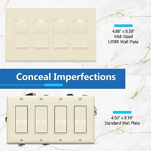 Image of LIDER Decorator Switch Cover, Screwless Wall Plate, Mid-Size 4-Gang 4.88 inch x 8.58 inch, LSWP-34M-LA, UL Listed, Thermoplastic, Matte Light Almond, 1-Pack