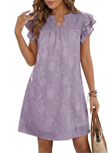 Image of Dokotoo Womens Summer Dresses 2026 Ruffle Short Sleeve Casual V Neck Smocked Floral Burnout Mini Dress Sundress