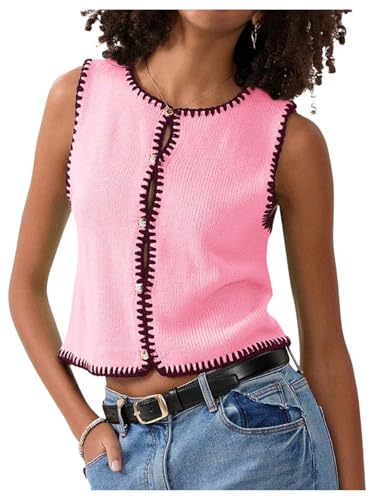 GORGLITTER Women's Button Up Cropped Sweater Vest Sleeveless Lightweight Knit Cardigan Fall Tops Trendy