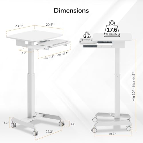Image of Mount-It! Height Adjustable Rolling Laptop Desk with Keyboard Tray, Mobile Sit-Stand Computer Cart with Wheels, Small Standing Desk for Home, Office, or Classroom, 23.6 inch x 20.5 inch, White