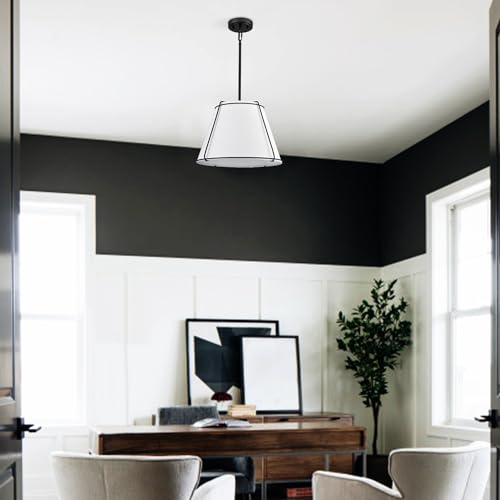 Image of Modern 3-Light 16 inch Black Pendant Light White Linen Drum Adjustable | Industrial Chandelier with Metal Frame, Sloped Ceiling Compatible for Bedroom Dining Room Kitchen Island Living Room