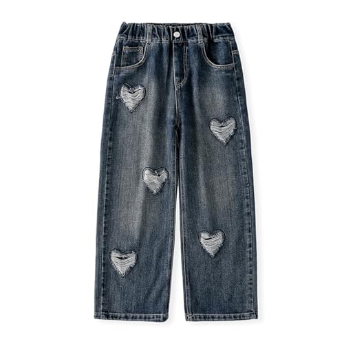 Girl's 𝐘2K Heart Applique Denim Pants Elastic High Waist Jeans Trendy Ripped Wide Leg Loose Trousers with Pockets2