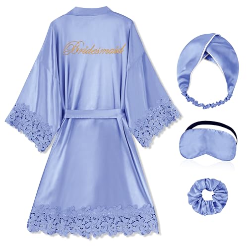 Image of EPLAZA Bride Robe for Wedding Day Set Bridal Robe Lace Trim Silky Embroidery Satin Kimono for Bridal Party