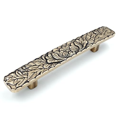 JETLAND Bridged Drawer Cabinet Pulls 4-Pack Antique Brass 4 Hole Centers Antique Peony Solid Cast TG0115AB102