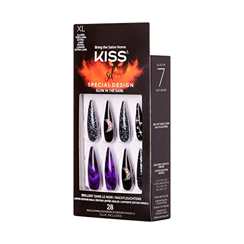 KISS Special Design Halloween Fake Nails Glow-In-The-Dark Style Trick or Treat with Pink Gel Nail Glue Mini Nail File Manicure Stick & 28 False Nails