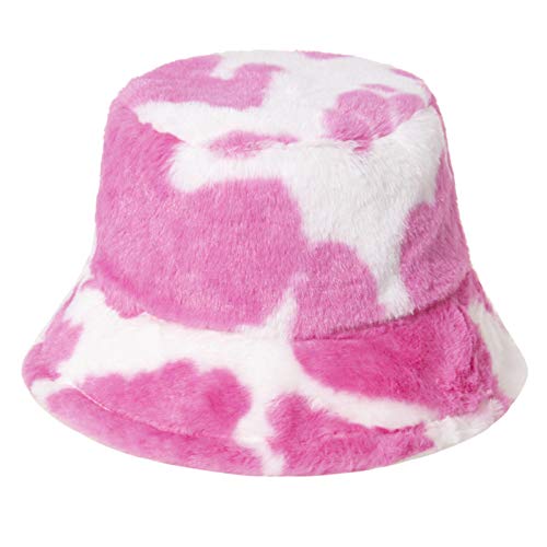 niumanery-Women-Winter-Warm-Fluffy-Plush-Bucket-Hat-Milk-Cow-Print-Panama-Fisherman-Cap-Hot-Pink