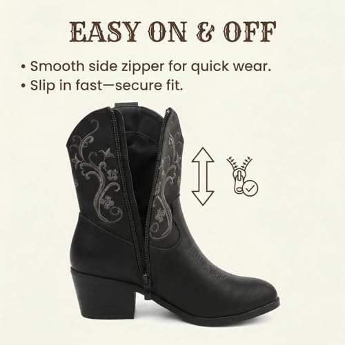 Image of Cowboy Boots for Women Short Shaft Side Zip Embroidered | Almond toe block heel western style for country concert outfits for women cowgirl outfits for women and casual wear