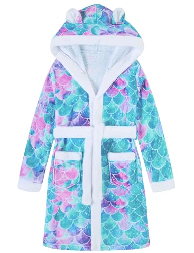 Funnycokid Girls Robes Kids Hooded Bathrobe Soft Fleece Pajamas Plush Flannel Sleepwear 4-14 Years