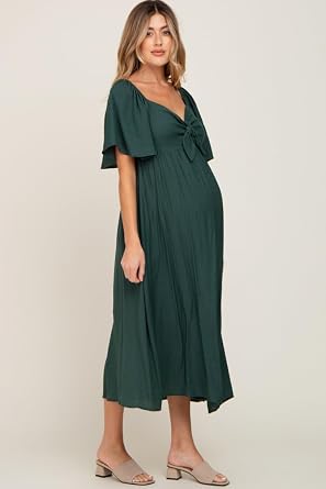 PinkBlush Front Tie Ruffle Sleeve Maternity Midi Dress
