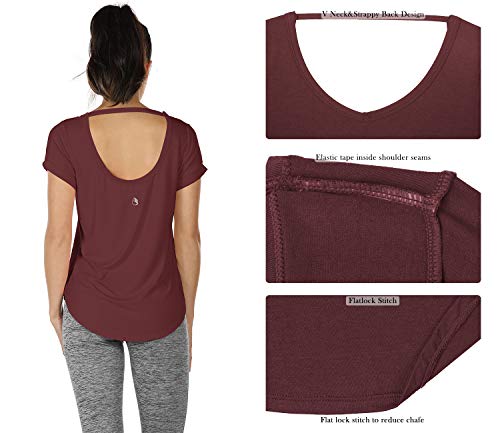 Icyzone Open Back Yoga Shirts For Women - Exercise Workout Tops, Athletic Short Sleeves, Running T-Shirts Loose Fit (M, Wine) #TOP4