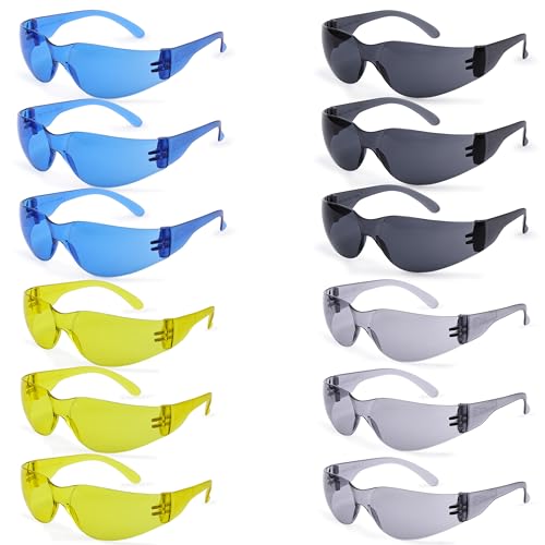 BISON LIFE Full Color Protective Safety Glasses - 12 Pairs Assorted Color Eyewear, Polycarbonate Impact Resistant Lens (Blue Yellow Gray Black)