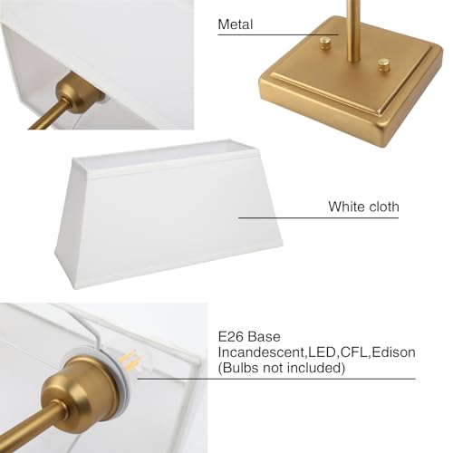 Image of PERMO Transitional Double Sconce 2 Lights Indoor Sconce Wall Lighting with White Textile Fabric Square Shade for Bedroom Bedside Living Room (Antique Brass)
