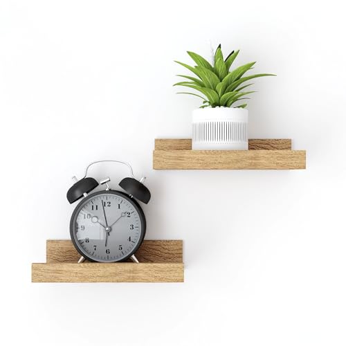 Image of Small Oak Floating Shelves for Wall, Shelf with Lip Set of 2, 8 in | Mini Display Ledge Shelf for Wall Decor, Wall Mounted Wood Shelves for Bedroom, Bathroom, Living Room, Kitchen, Nursery Room