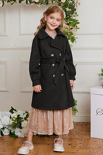 Image of GRACE KARIN Girls Dress Coat Lapel Wool Blend Long Winter Jackets with Pockets Belt 6-16Y