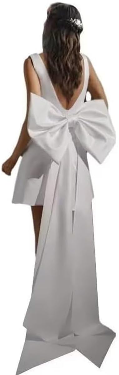 YIANN Robes de mariée en satin à double col en V pour la mariée, robe de mariée courte avec nœud sans manches, mini robe de bal
