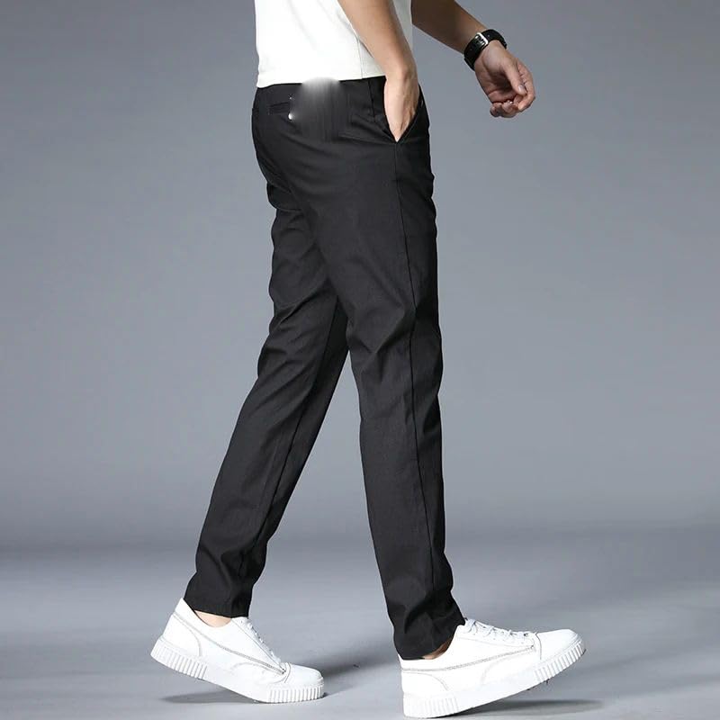 Spring Summer Casual Pants Men Cotton Stretch Slim Fit Elastic Waist Business Korean Classic Trousers Male Black3