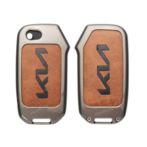 Image of Metal Leather Key Cover Compatible for Kia Seltos, Sonet, Carens Clavis, Syros (2023-2026) | 3 Button Flip Key | Premium Alloy Smart Key Case with Leather | Scratch Resistant - Brown