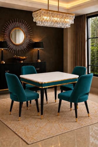 Image of WOODEN SPACE 4 Seater Wooden Dining Table Set | Urban Marble Top Dining Table with Chairs for Dining Room & Kitchen (Modern Vintage Sea Blue) (54 x 36 x 30 inch)