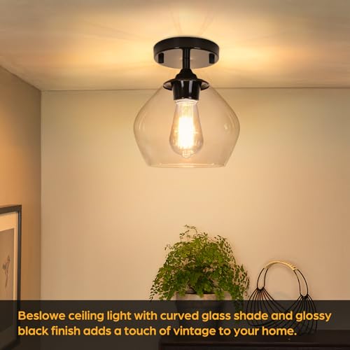 Modern Semi Flush Mount Ceiling Light with Clear Glass Shade, Industrial Close to Ceiling Light, Hanging Ceiling Light Fixture for Hallway, Bedroom, Dining Room, Entryway, Foyer