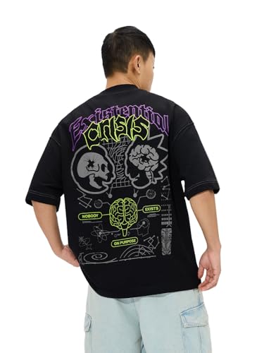 Image of The Souled Store Rick & Morty: Existential Crisis Men and Boys Short Sleeves Round Neck Black Graphic Printed Cotton Super Oversized T-Shirts