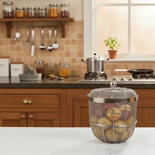 Image of Decorative Insect-Resistant Fruit and Vegetables Basket with Lid | Countertop Mesh (Jaali) Design Fruit Storage Basket for Kitchen, Dining Table, Living Room - Silver