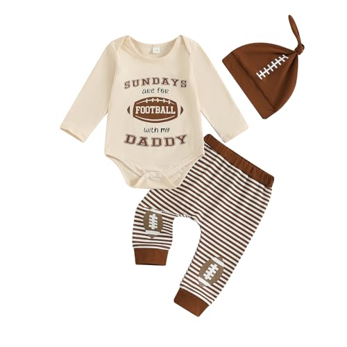 Image of Vicaankue Newborn Baby Boy Football Outfit On Sundays We Watch Football with Daddy Romper Striped Pants Hat 3Pcs Clothes Set