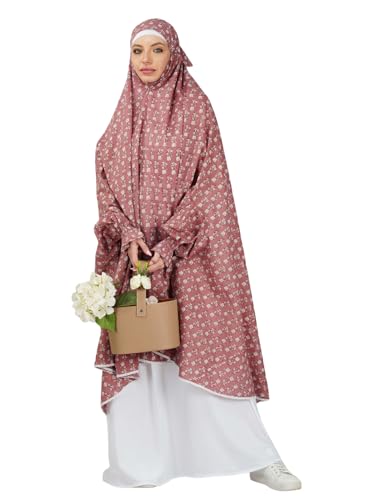 ANA Nargis Brick Rose Floral Prayer Dress – Pure Cotton Prayer Dress with Tie Knot, 50″ Front × 58″ Back | Attached Sleeves | Lightweight, Breathable for Hajj, Umrah & Salah