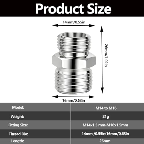 Image of 2 Pcs M14 to M16 stainless steel adapter fittings, suitable for small excavators, for connector conversion, diameter reduction or expansion, and full-bore straight pipe connector connections.