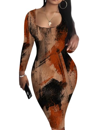 mollyer Bodycon Dresses for Women Long Sleeve Midi Dress Rust Abstract S