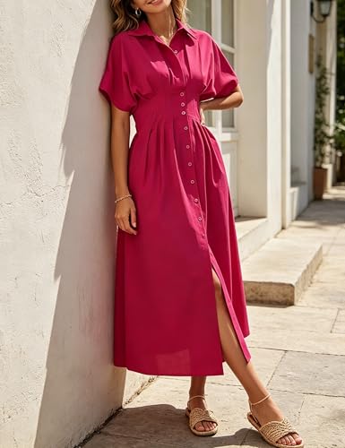 Image of Yeokou Shirt Dress for Women Summer Casual Short Sleeve Button Down Loose Pleated Maxi Sundress with Pockets