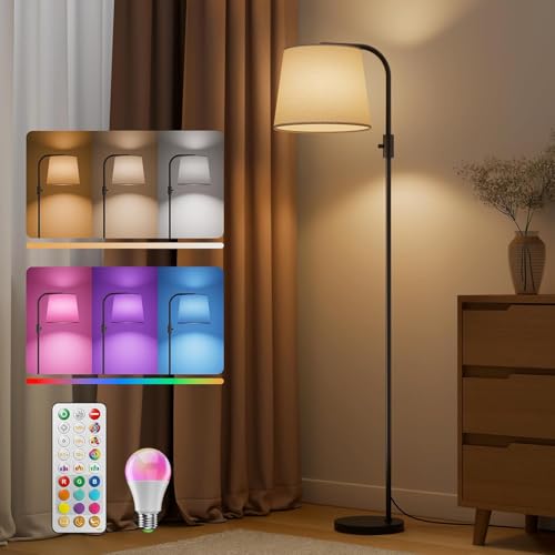 VARICART Lampadaire sur Pied Salon - Avec Lampadaire LED Dimmable avec Ampoule 10W RGBCW, Lampe sur Pied Moderne Noire avec Abat-Jour pour Chambre, Bureau &...