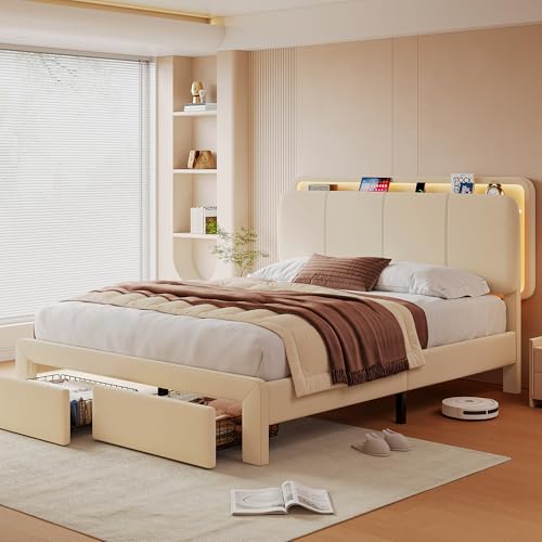 Image of Feonase Full Upholstered Bed Frame with Headboard and 2 Storage Drawers, Built-in Charging Station, Velvet Platform LED Bed with Solid Wood Slat Support, No Box Spring Needed, Beige
