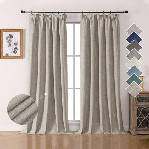 Joydeco 100% Blackout Curtains Bedroom 55 x 108 Inch Drop, Faux Linen Pencil Pleat Thermal Insulated Drapes with Coating Back Layers for Room Darkening Privacy Protection, 2 Panels, Linen Colour
