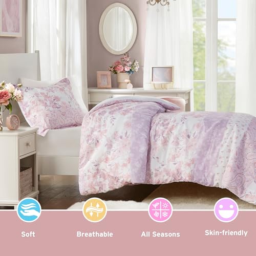 Intelligent Design Twin Duvet Cover Set, Romantic Floral & Paisley, Solid Reverse, All Seasons Soft Microfiber Lightweight & Breathable Duvet Cover, Matching Sham, Oliena, Twin/Twin XL Pink 2 Piece by Intelligent Design - Used condition - Image 3