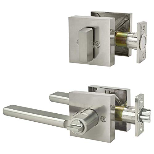 Image of Nuk3y Hulk Series Lever Door Handle Slim Square Modern Contemporary Lever Set (Entry & Deadbolt Combo [Keyed Alike], Satin Nickel)