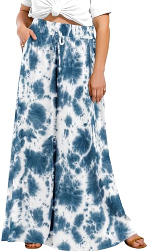 Lastshe Plus Size Pants for Women Wide Leg High Waisted Flowy Casual Palazzo Pants Long Summer Lounge Linen Boho Beach Trousers, Colorful Blue, 3X