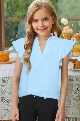 Image of DOKOTOO KIDS Girls Short Sleeve Blouse Dress Shirt Top Size 7-15 Years Old | None Elastic Fabric, Ruffle V Neck, Pull on, Solid Collared Formal, Flowy Casual Flutter Spring Summer Western Top
