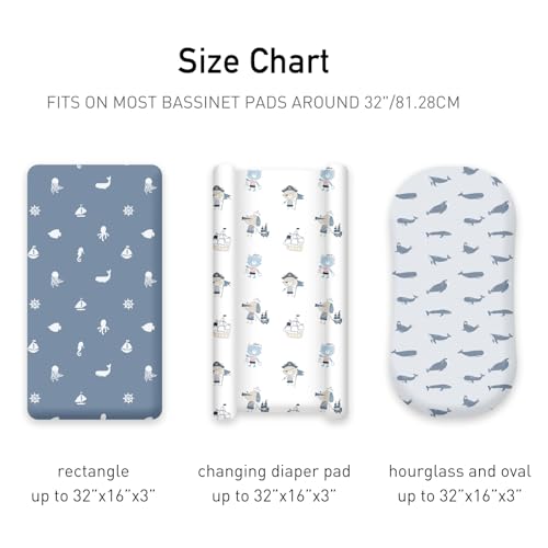 Image of Bassinet Fitted Sheets, 3 Pack Baby Boy and Girl, Soft Breathable Stretchy Baby Pad /Mattress Sheet Set, Universal Fit for Hourglass Oval and Rectangle Bassinet Mattress(Blue Whale Ocean)