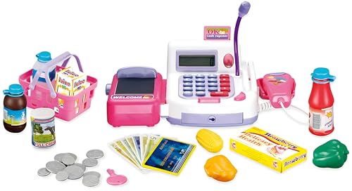 Image of Cable World Grocery Store Pretend Play Electronic Toy Cash Register Set - STEM Cash Register for Kids with Microphone, Play Money, and Food Basket - Kids Checkout Toys with Scanner- Pink