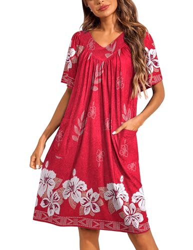 Image of Ekouaer Womens House Dress Floral Print Nightgown with Pockets Mumu Dress | V Neck Nightgowns for Women Pleated Short Sleeves Mumu Dresses Knee Length Moo Moo for Sleep, Daily Wear, Vacation, Party