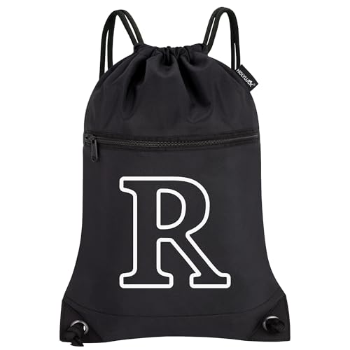 Image of HOLYLUCK Drawstring Bags Initial Backpack Sackpack Cinch Bags for Sports, Gym, Travel, Beach (Black-R)