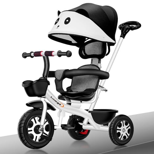 ORDLBMX 5 in 1 子供用三輪車、三輪車ベビーカー、子供用ベビーカー、プッシュハンドル付き子供用三輪車ベビーカー、取り外し可能なキャノピー/ガードレール、回転シート、折りたたみ式調節可能なフットレスト、軽量子供用トライクトロリー,White+