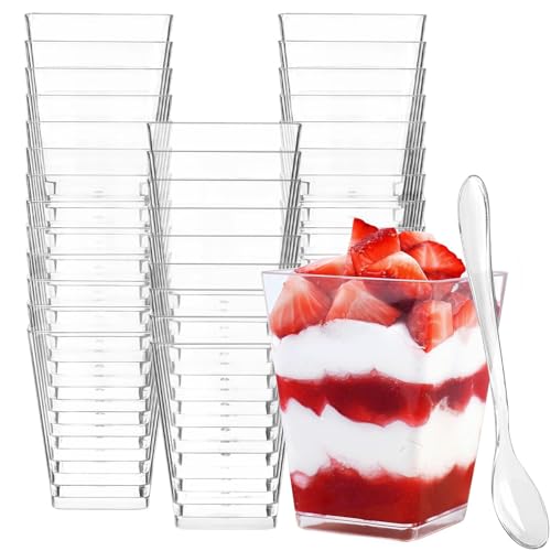 Zezzxu 5 oz Square Mini Dessert Cups with Spoons - 50 Pack Plastic Pudding & Parfait Cups Party Dessert Shooters for Serving Trifle Mousse Cake Appetizers