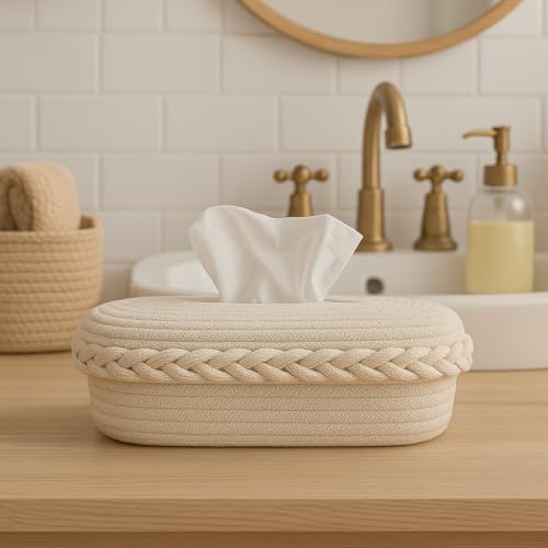Image of BOBBINY Jute Cotton Tissue Box Holder, Handcrafted Tissue Container for 100 Pulls Natural Tissue Holder for Office Living Bedroom Car Desk Dining Table Home Decor (Off White, Design 2)