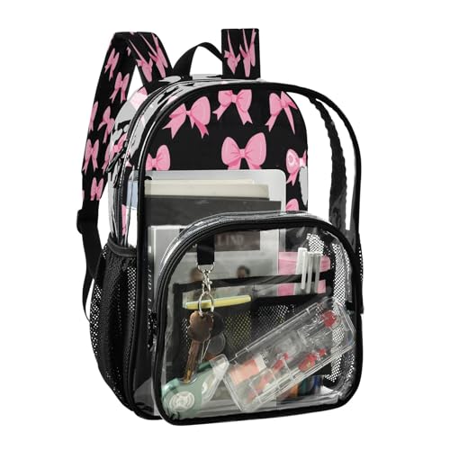 Clear Backpack for School Pink Bow Black Background Pattern Transparent Bookbag for Girls See Through PVC Boy Backpacks2