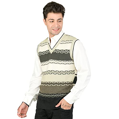 Image of Men Woolen V-Neck Printed Design Sleeveless Pullover Heavy Rainbow Fabric Winter Wear Pure Wool Cardigan Regular Coaty Fully Warm Heavy Pullover Cardigans Free Sizes